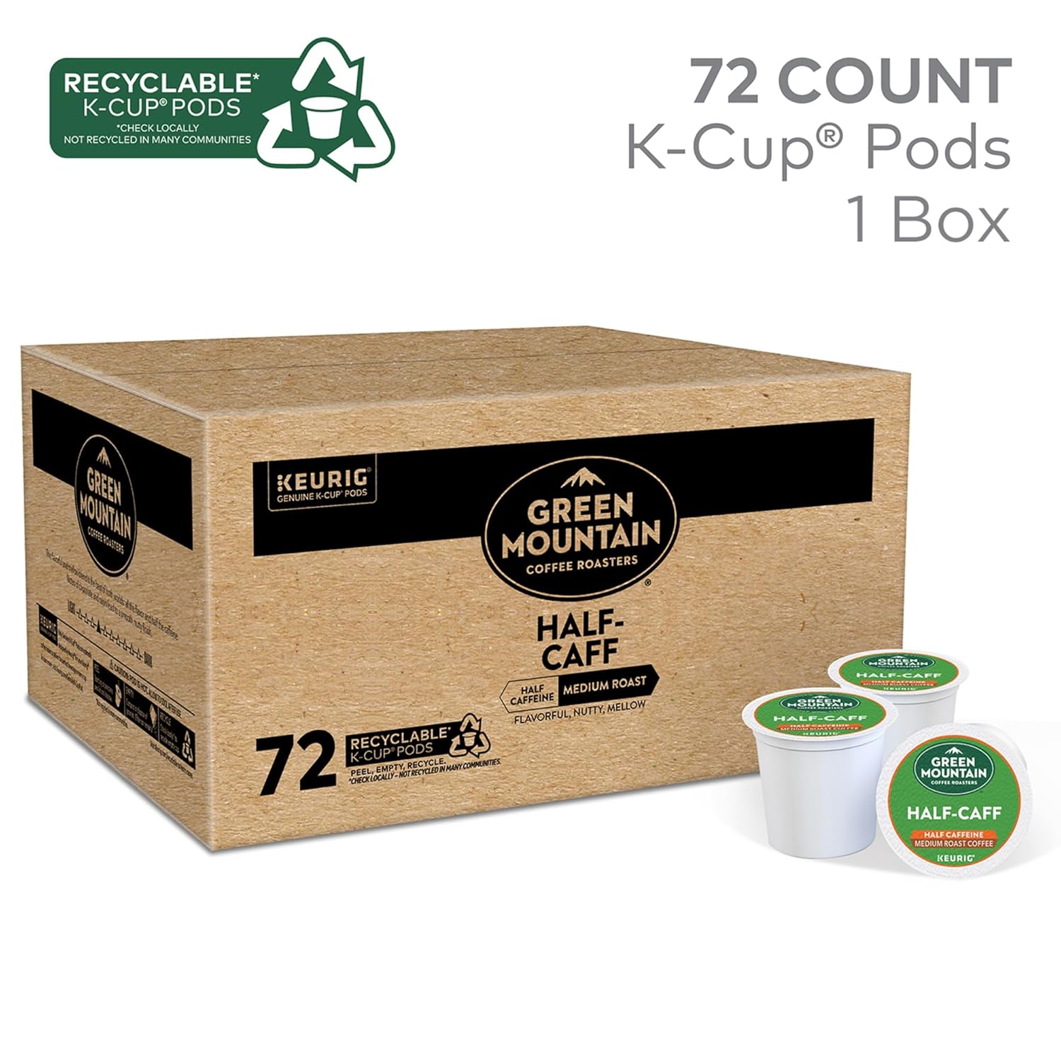Green Mountain Coffee Roasters Half Caff Keurig Single-Serve K-Cup pods, Medium Roast Coffee, 72 Count