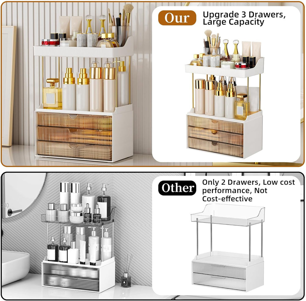 3 Drawers Makeup Organizer - 5 Tier Bathroom Counter Organizers and Storage, Versatile Perfume Vanity Organizer, Ideal for Cosmetic, Large Skincare, Face Mask, Office Supplies, Amber