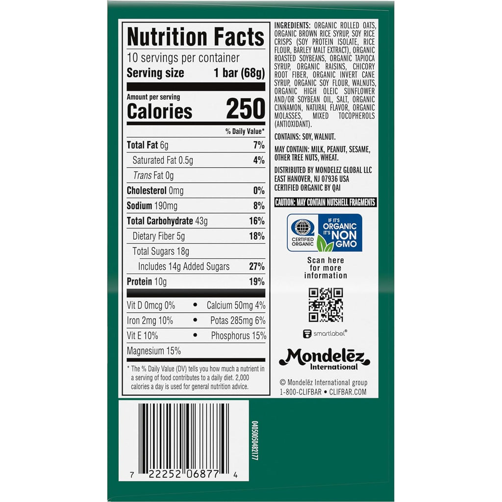CLIF BAR - Energy Protein Bars - Oatmeal Raisin Walnut - Made with Organic Oats - Energy Bars - Non-GMO - (10 Pack)