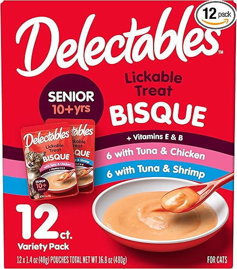 Delectables Lickable Treat Bisque Senior 10+ Wet Cat Treat Variety Pack, Food Topper, Hydrating, Grain-Free, No Fillers, No By-Products, No Added Preservatives, 1.4oz Pouch, 12ct