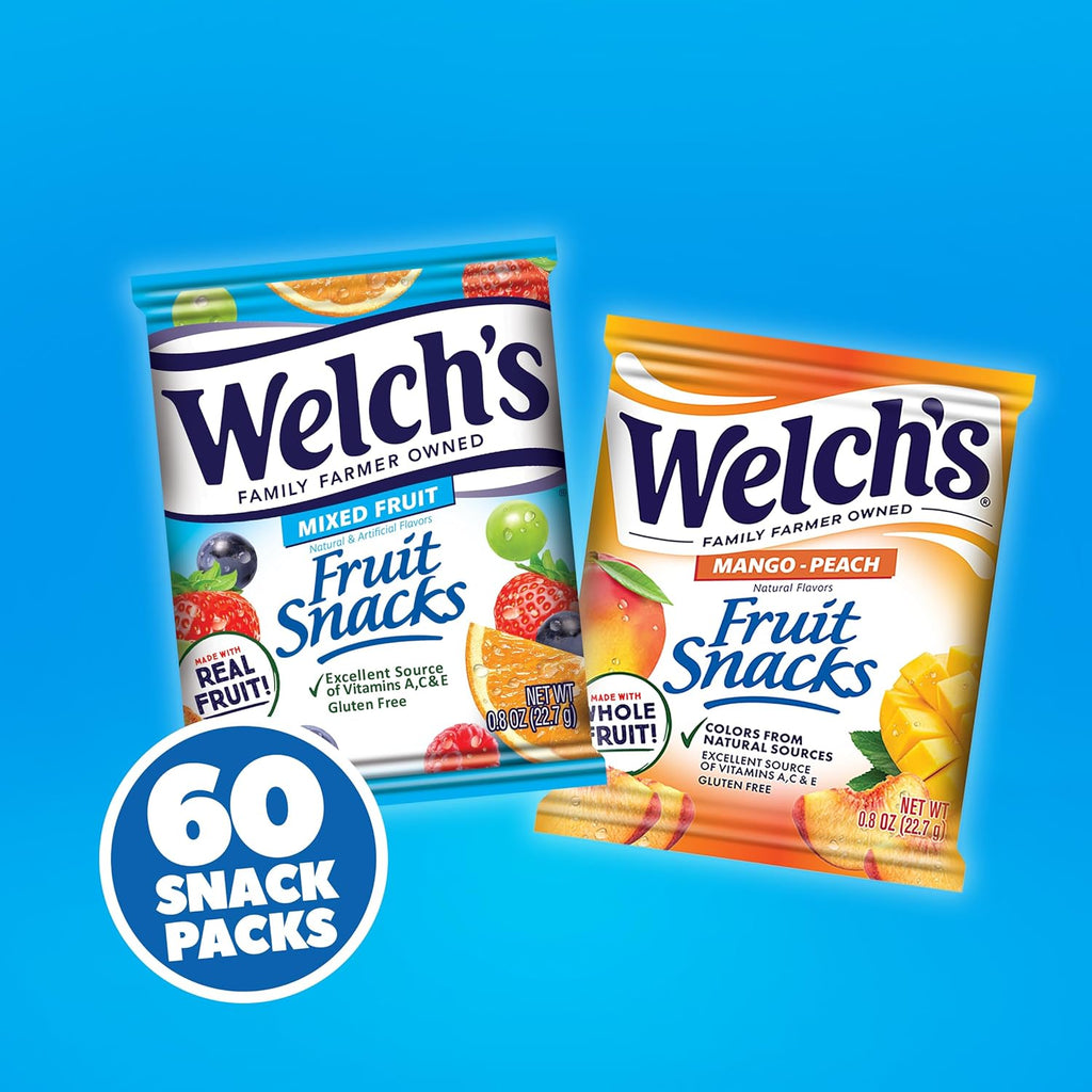 Welch's Fruit Snacks, Mixed Fruit & Mango Peach Snack Box, Gluten Free, Stocking Stuffers, 0.8oz Snack Packs (Pack of 60)