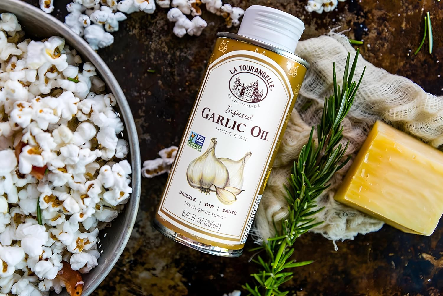 La Tourangelle, Garlic Oil, High Oleic Oil for Cooking Pastas, Salad Dressings, Drizzle on Popcorn, Irresistible Aroma and Flavor, 8.45 Fl Oz