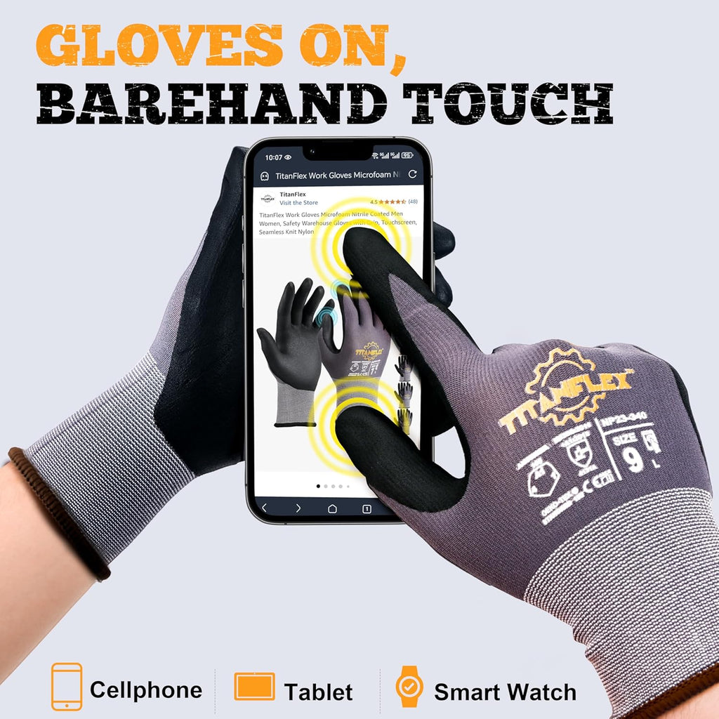 TitanFlex Work Gloves Microfoam Nitrile Coated Men Women-6 Pairs, Safety Warehouse Gloves Mens Working Glove with Grip Heavy Duty, Touchscreen, Seamless Knit Nylon for Automotive, Garden (Large)