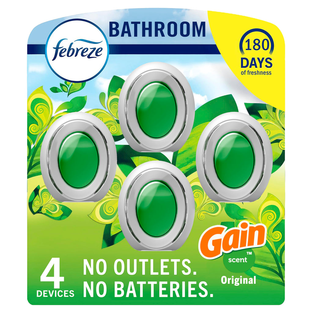 Febreze Bathroom Air Freshener, Odor-Fighting, Plug In Alternative, Air Fresheners for Small Spaces in Home, Bathroom, Kitchen, & Closet, Pet & Litter Box Odor Fighter, Gain Original Scent, 4ct