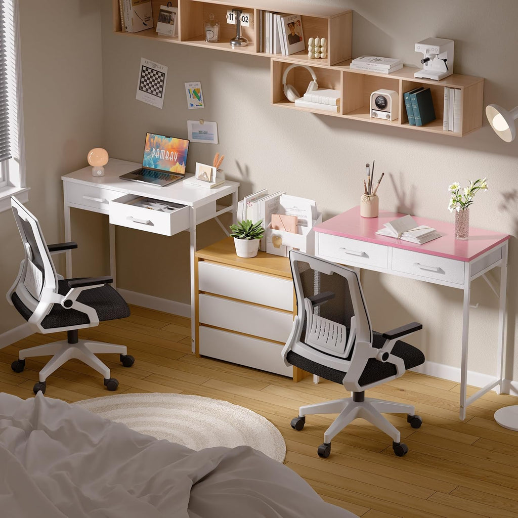 Pamray 32 Inch Small Computer Desk with 2 Drawers for Bedroom Study Writing Home Office Table for Small Spaces Pink