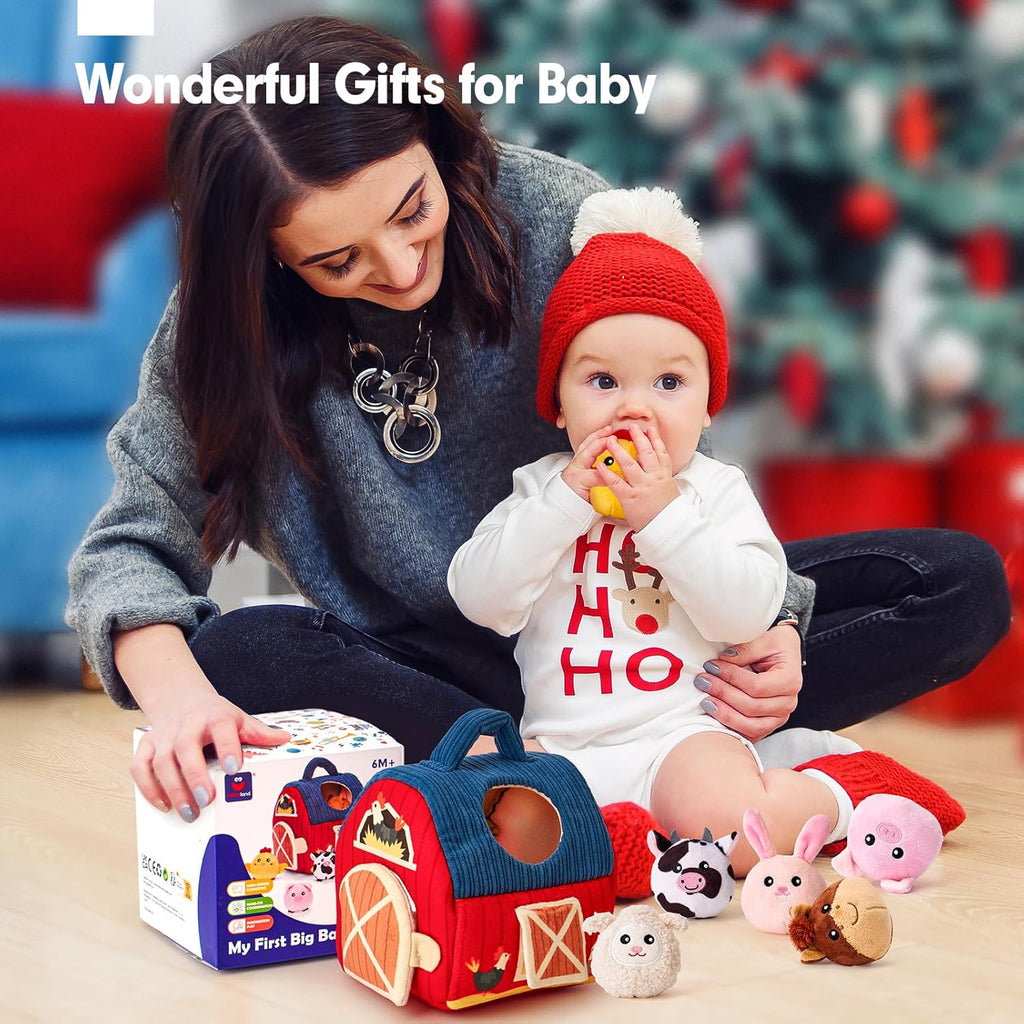 hahaland Baby Toys 6-12 Months - Surprise Barn Stuffed Farm Animals, Rattle, Crinkle, Mirror, Montessori Toys for 6 Month Old Babies Sensory Balls Toddlers 1-3 Gifts Baby Stocking Stuffers