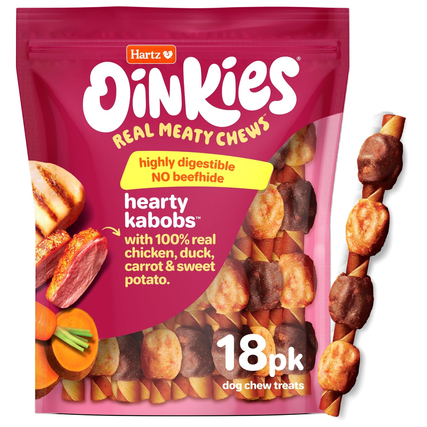 Hartz Oinkies Hearty Kabobs Rawhide‑Free Dog Treats, High‑Protein, Long‑Lasting Highly Digestible Chews Made with Real Chicken, Duck, Sweet Potato & Carrot, 18 Count