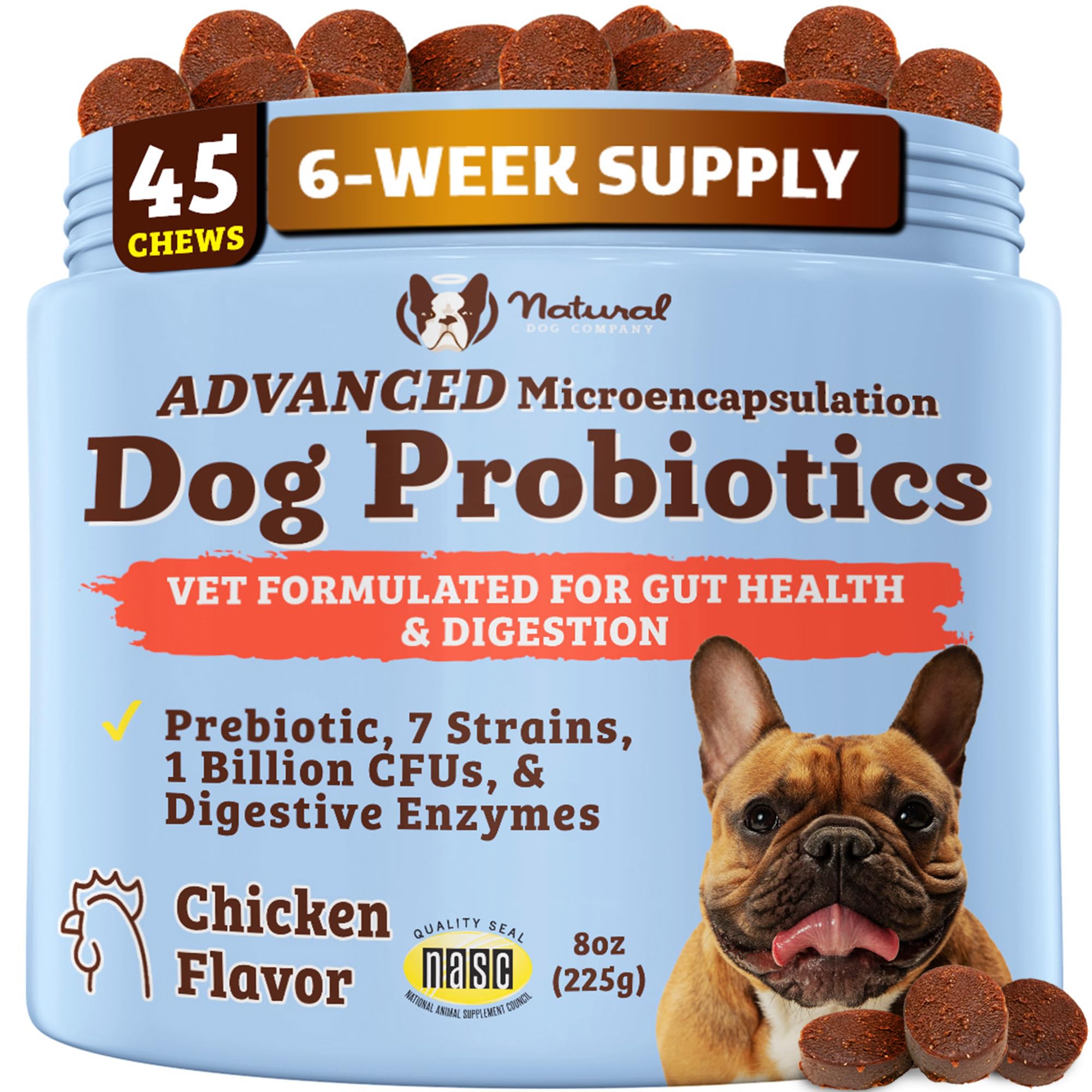 Natural Dog Company Probiotics for Dogs – Dog Probiotic Chews with 1B CFUs, Canine-Specific Microencapsulated Strains, Prebiotics & Enzymes for Digestive Health, Stool & Immune Support, 45 Ct