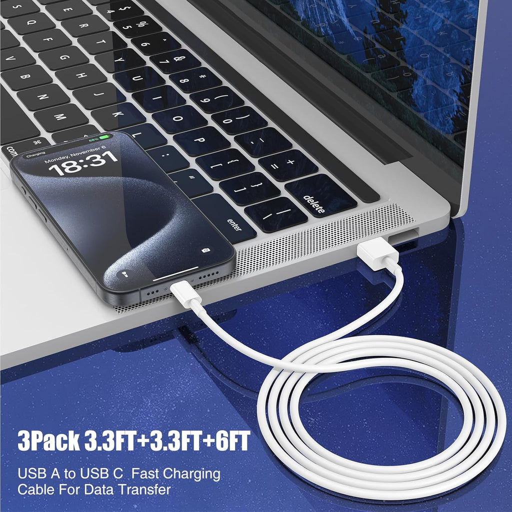 Car Carplay Cable for iPhone 17 16 15 Pro Plus Pro Max Air，3-Pack [3.3FT+3.3FT+6FT] USB A to USB C Cable for iPhone 17 16 15，for iPad Pro/Air/Mini，for Galaxy S25 S24，for MacBook Pro/Air and More