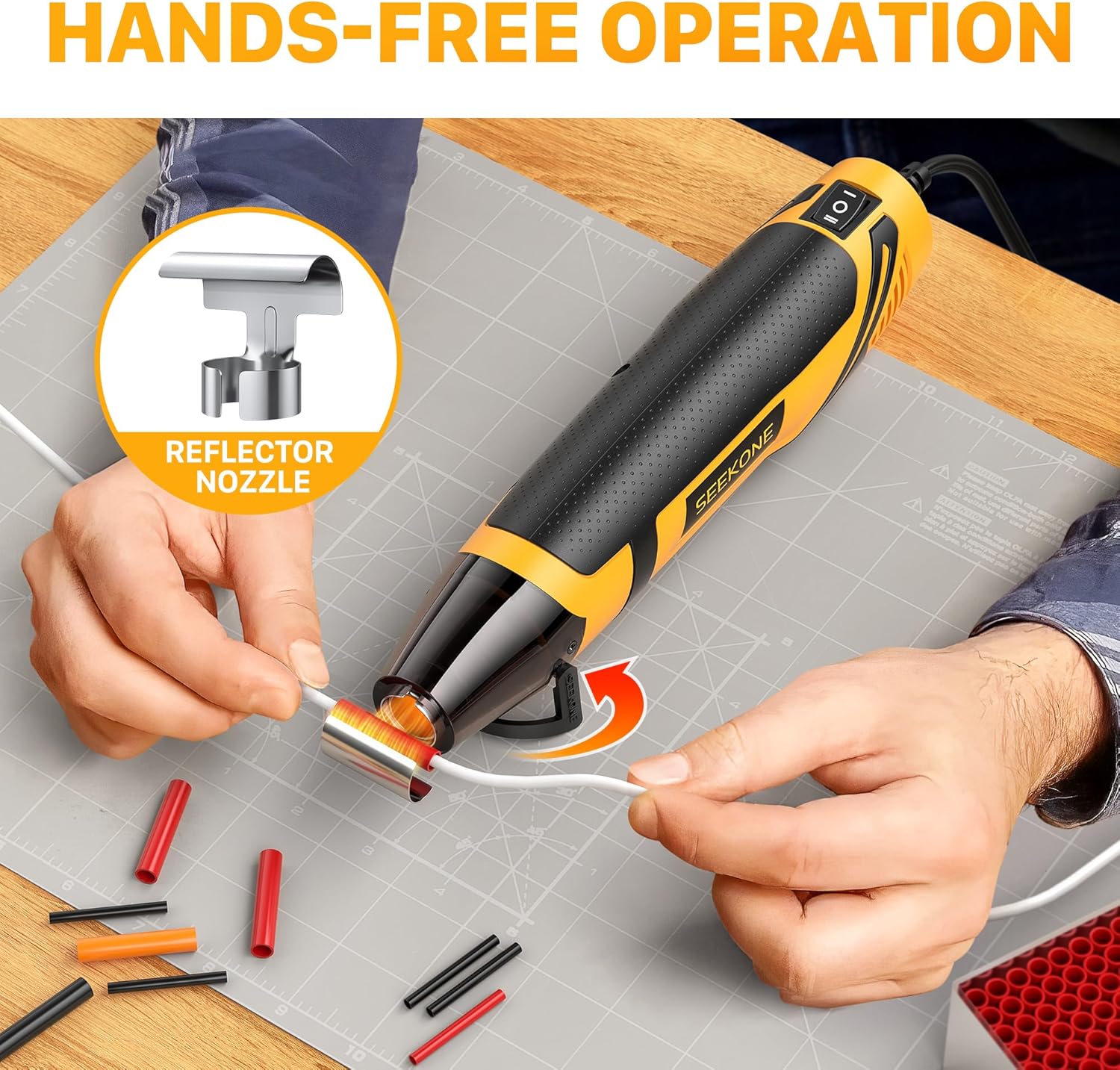 SEEKONE Mini Heat Gun, 350W 2-Temp Settings 500℉ & 842℉（260℃& 450℃） Fast Heat Hot Air Gun Tool with Reflector Nozzle and 4.9Ft Long Cable Overload Protection for Crafting, Vinyl Wrap and Shrink Tubing