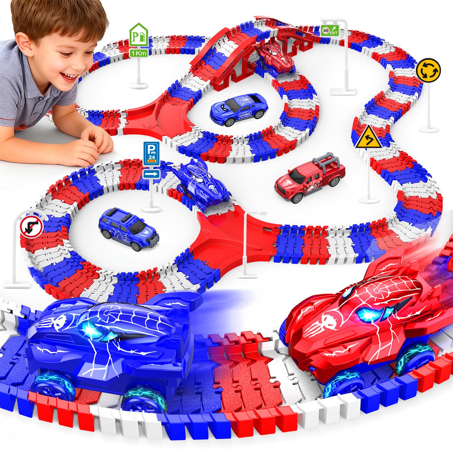 Spider Toys for Boys 4-6, Spider Race Track with 5 Cool Spider Cars Toys for Kids Boys Toddler, Flexible Car Tracks for Age 3 4 5 6 7 8 Year & Up Old Boy Girls Birthday Gifts