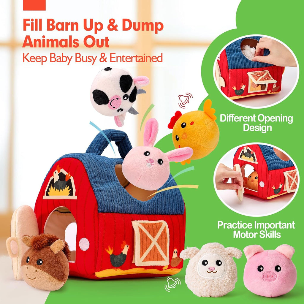 hahaland Baby Toys 6-12 Months - Surprise Barn Stuffed Farm Animals, Rattle, Crinkle, Mirror, Montessori Toys for 6 Month Old Babies Sensory Balls Toddlers 1-3 Gifts Baby Stocking Stuffers