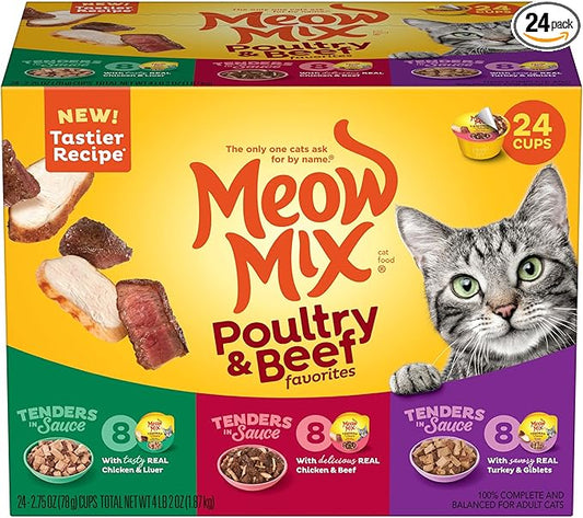 Meow Mix Tender Favorites Poultry & Beef Variety Pack, Wet Cat Food, 2.75 oz Cup (24 Pack)