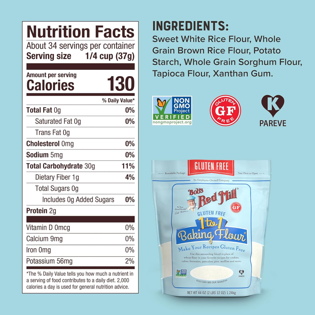 Bob's Red Mill Gluten Free 1 to 1 Baking Flour, 22oz (Pack of 4) - Non GMO, Vegan, Kosher
