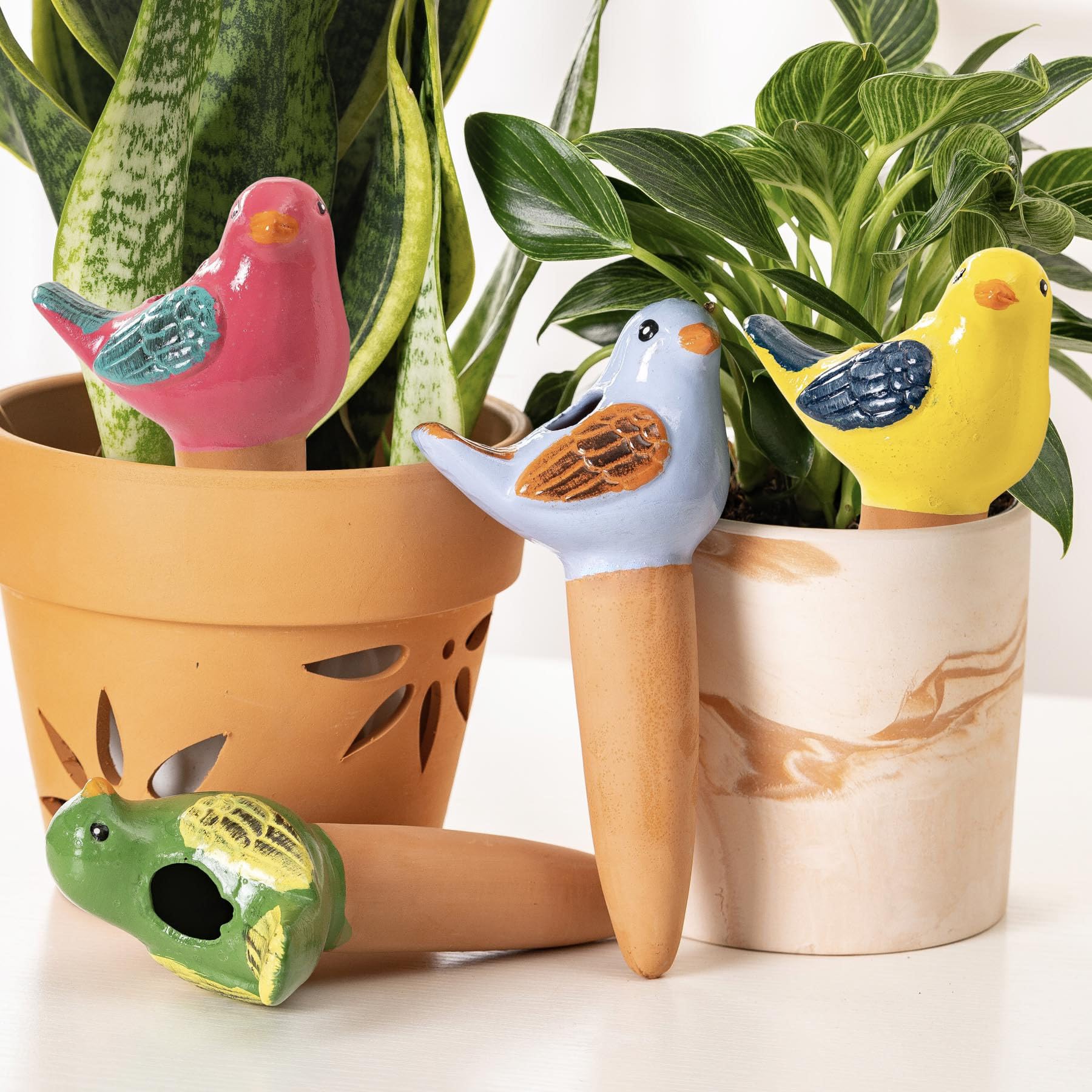4 Pack Self Watering Bird Shaped Globes, Terracotta Vacation Planters Devices with Slow Release Automatic Watering Spikes, Plant Watering Pots for Indoor and Outdoor Potted Plant