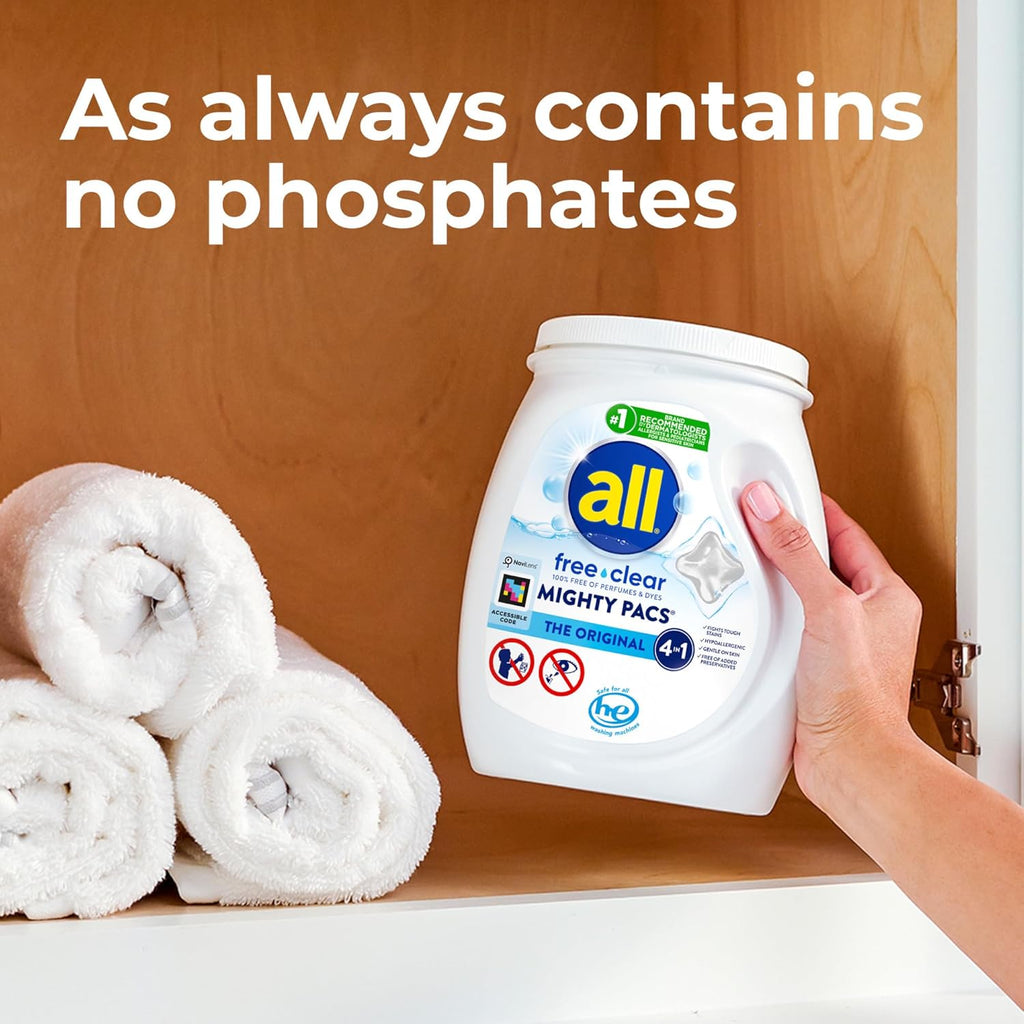 All Mighty Pacs Laundry Detergent, Free Clear for Sensitive Skin, Tub, 60 Count