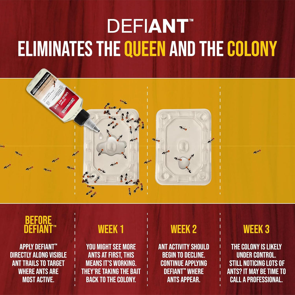 Catchmaster DEFIANT Premium Liquid Ant Killer, 1-Year Supply, Kills the Queen and Colony, No Mess Precision Bottle, Reusable Ant Traps Indoor & Outdoor, Pest Control Traps, Made in USA