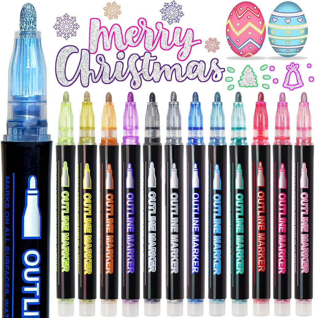 Glitter Markers Outline Pens Metallic,12 Cute Art Supplies Kids 6-8 9-12 10-12 Year Old Tween Teen Girl Gifts Trendy Stuff,Arts Crafts Kids Ages 8-12,Crafts Girls 8-12 Shimmer Sparkle Cool Fun Drawing