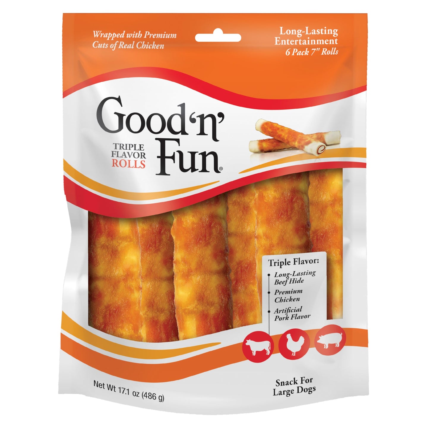 Good ‘n’ Fun Triple Flavor Rolls for Large Dogs, Treat Your Dog to Long-Lasting Chews Made with Real Beef Hide and Chicken, 6 Count
