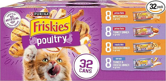 Purina Friskies Gravy Wet Cat Food Variety Pack, Poultry Shreds, Meaty Bits and  Filets - (Pack of 32) 5.5 oz. Cans