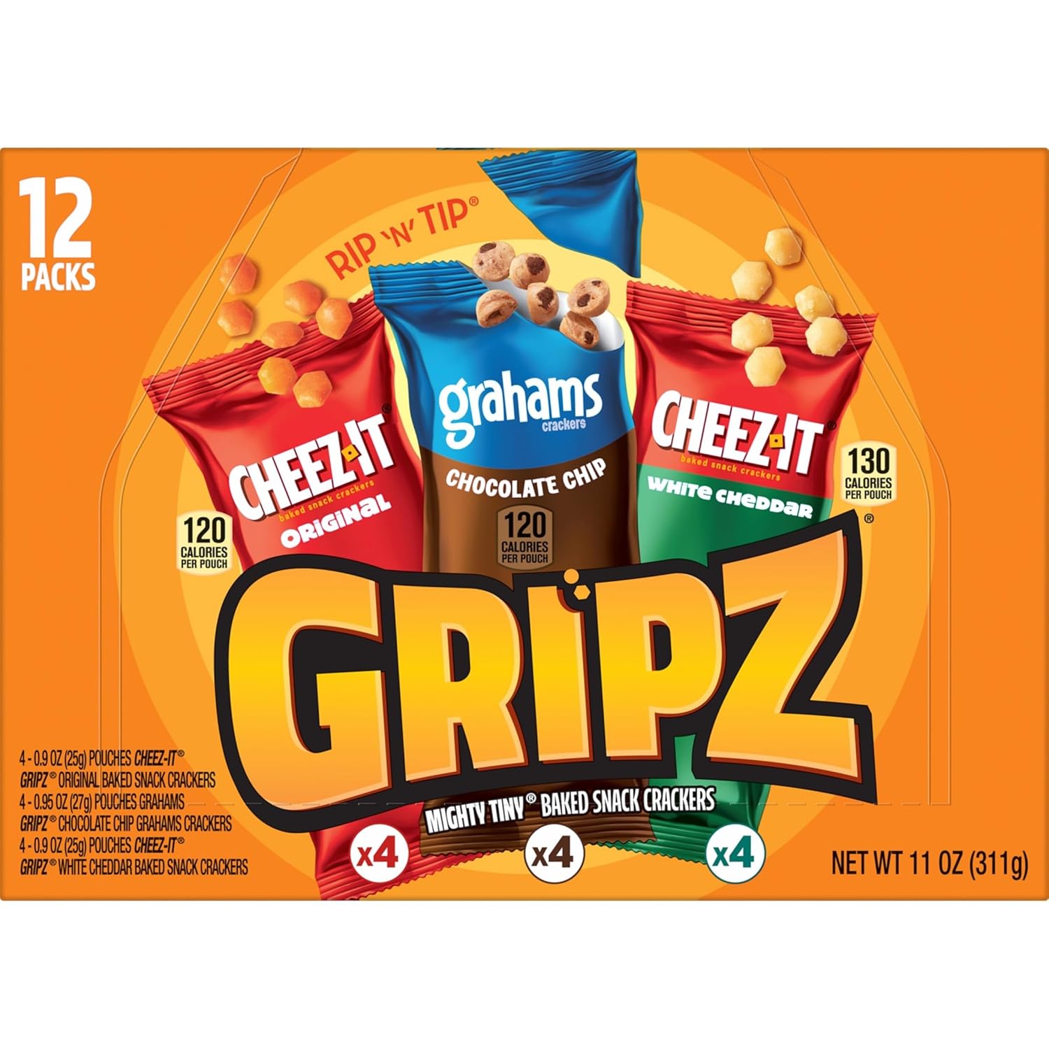 Gripz Mini Baked Snack Crackers, Sweet and Salty Snacks, Variety Pack, 11oz Box (12 Pouches)