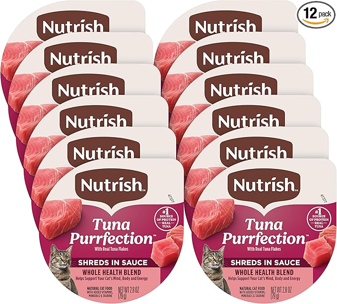 Nutrish Grain Free Wet Cat Food Tuna Purrfection Whole Health Blend with Real Tuna Flakes in a Savory Sauce, 2.8 oz. Cup, Pack of 12 (Rachael Ray)