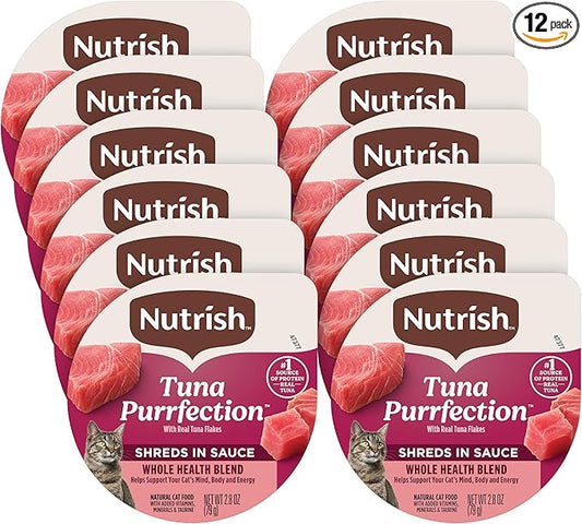 Nutrish Grain Free Wet Cat Food Tuna Purrfection Whole Health Blend with Real Tuna Flakes in a Savory Sauce, 2.8 oz. Cup, Pack of 12 (Rachael Ray)