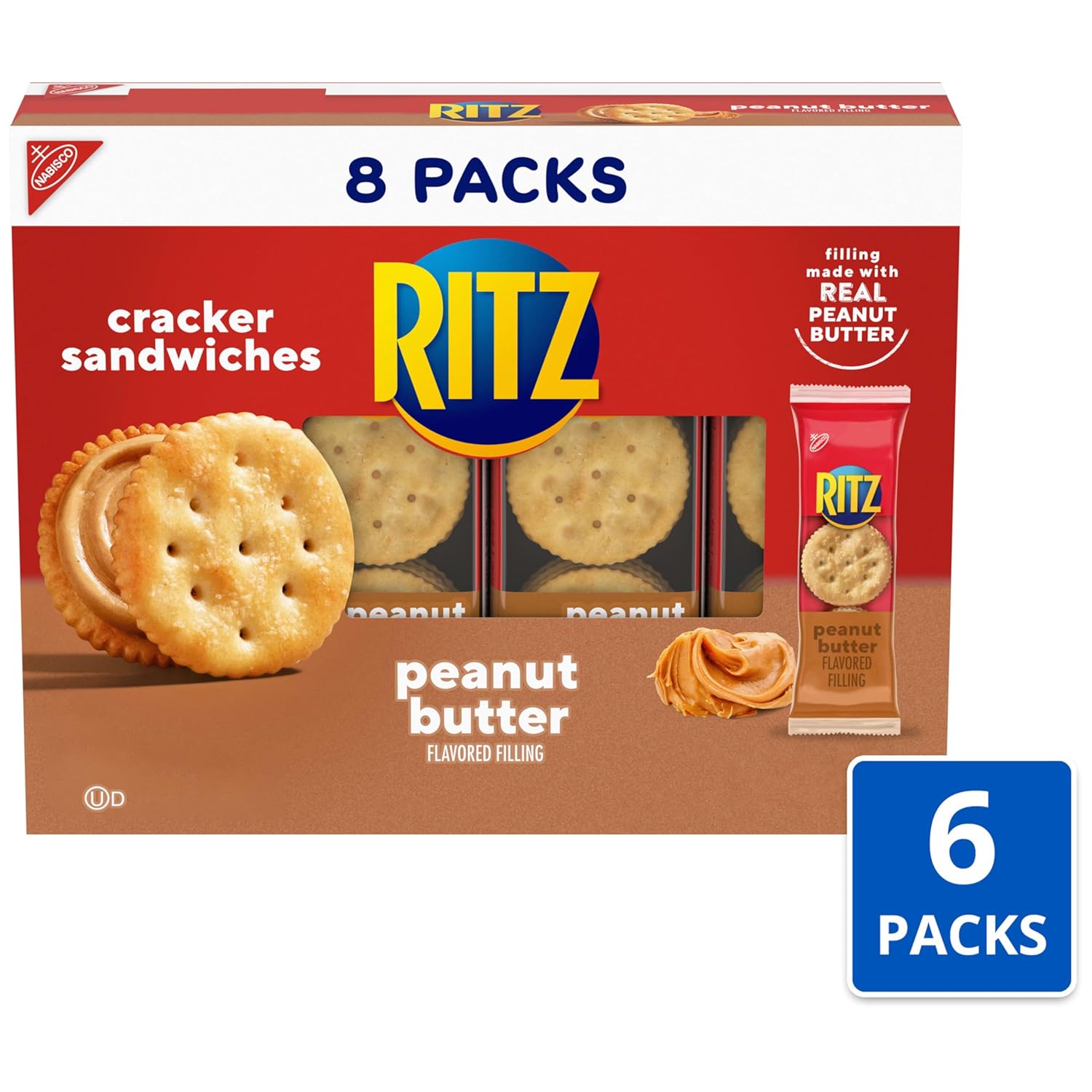 RITZ Peanut Butter Sandwich Crackers, Lunch Snacks, 48 Snack Packs (6 Boxes, 6 Crackers Per Pack)