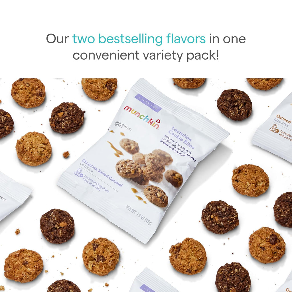 Munchkin Lactation Cookie Bites Variety Pack - Helps Increase Milk Supply for Nursing/Breastfeeding/Pumping Moms, 3 Oatmeal Chocolate Chip, 3 Chocolate Salted Caramel, 6 Pack