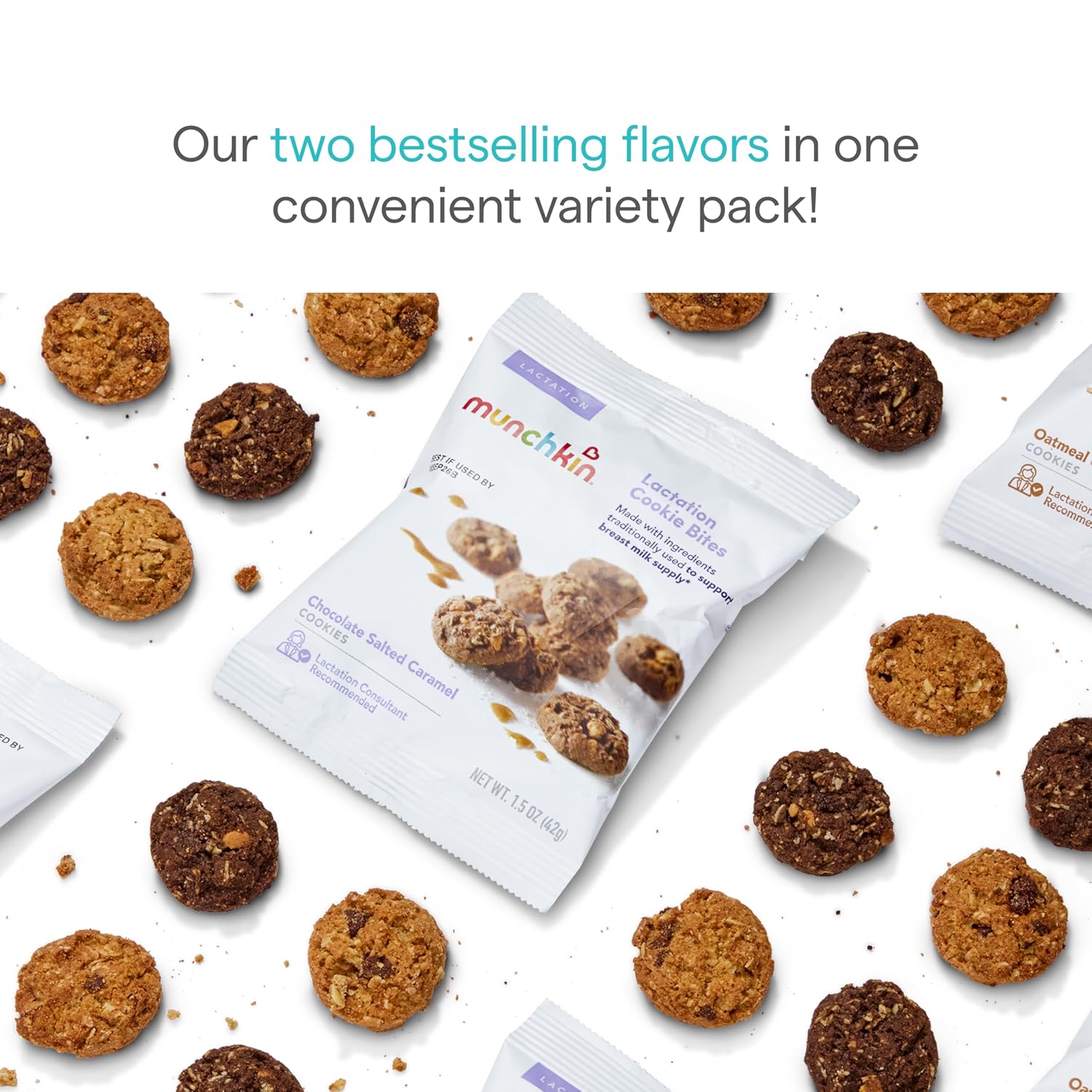 Munchkin Lactation Cookie Bites Variety Pack - Helps Increase Milk Supply for Nursing/Breastfeeding/Pumping Moms, 3 Oatmeal Chocolate Chip, 3 Chocolate Salted Caramel, 6 Pack