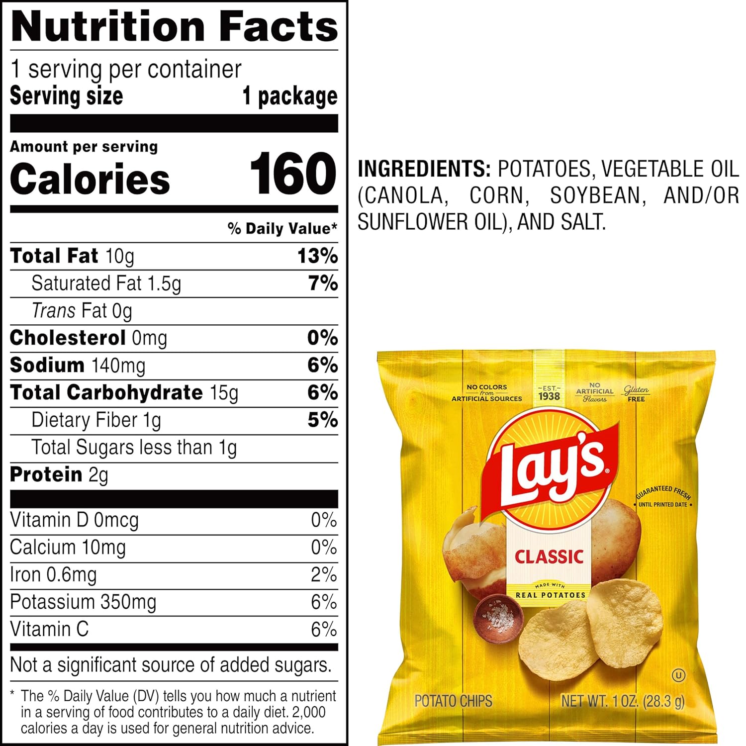 Lay's Potato Chips, Classic, 1 Ounce (Pack of 40)