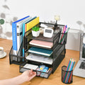 Marbrasse Desk Organizer with File Holder, 5-Tier Paper Letter Tray Organizer with Drawer and 2 Pen Holder, Mesh Desktop Organizer and Storage with Magazine Holder for Office Supplies(Black)