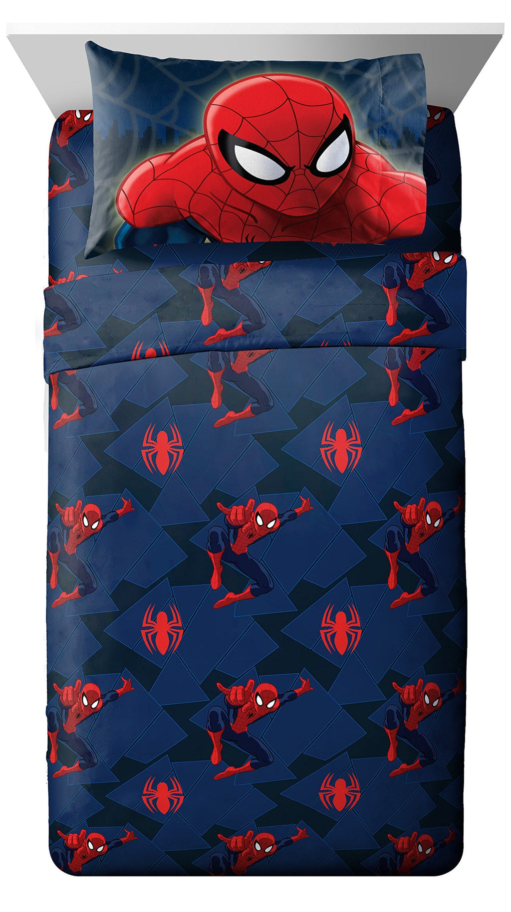 Jay Franco Kids Sheet Set with Fitted, Flat Sheets & Pillow Cover - Ultra-Soft Bedding with Pillowcase for Room Decor, Blue - Spiderman, 3 Piece Twin