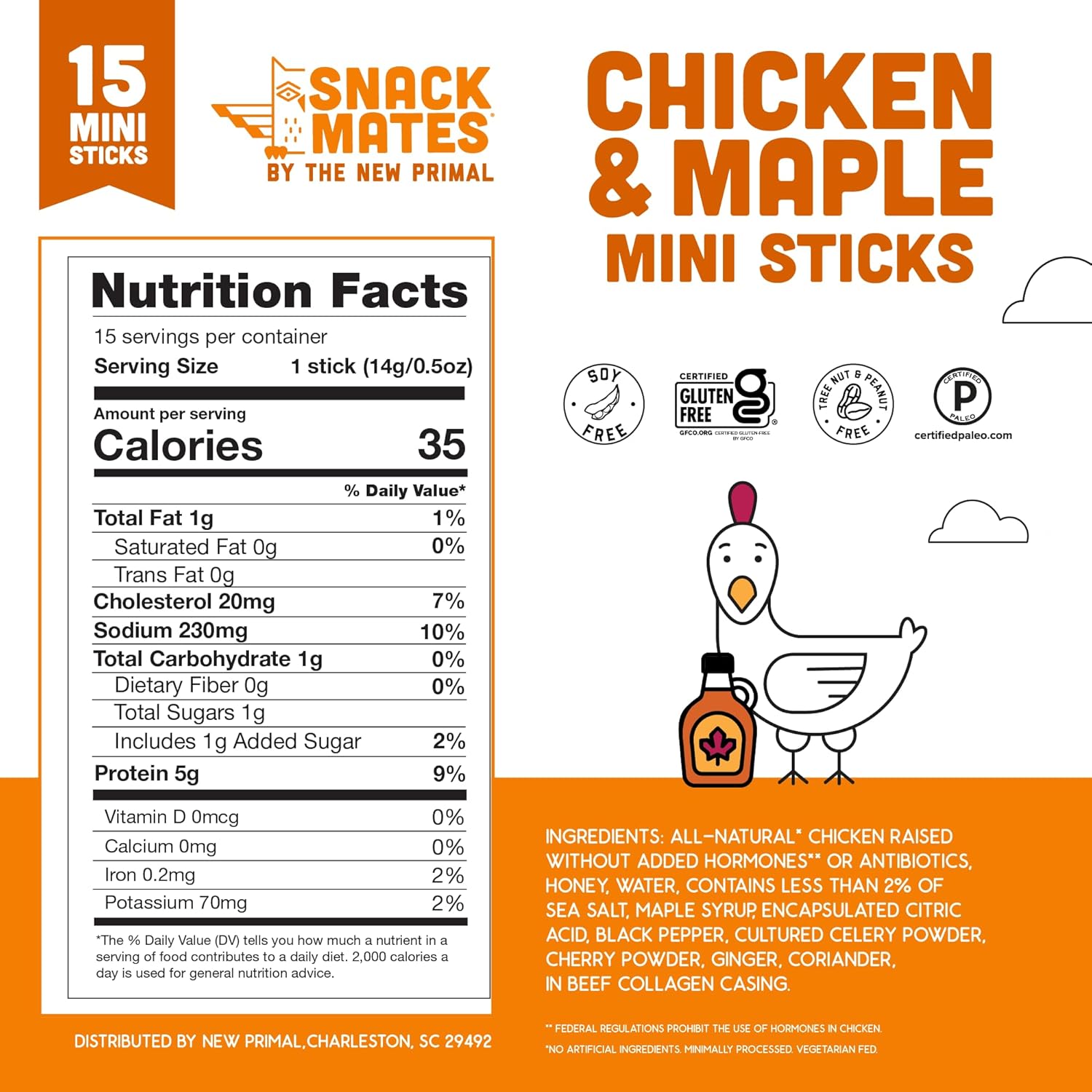 The New Primal Snack Mates Chicken & Maple Sticks, Gluten Free Healthy Snacks for Kids, Low Sugar High Protein Back to School Snacks, Mini Paleo Jerky Meat Stick, 5g Protein, 35 Calories, 15 Pack