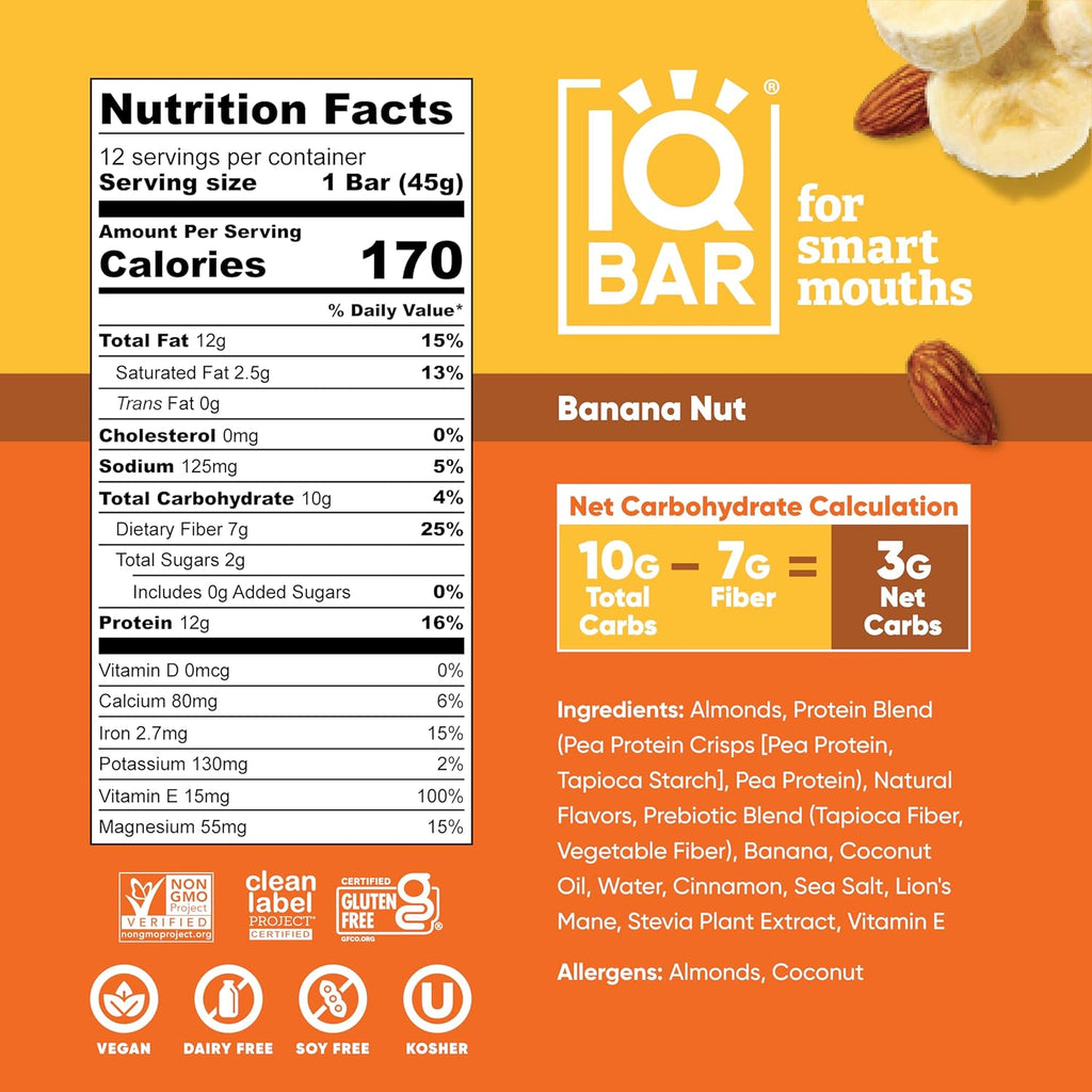 IQBAR Clean Plant Protein Bars - Banana Nut - 12 Count - Keto, Vegan, High Fiber, Gluten and Dairy Free, Low Sugar Snack - Brain and Body Nutrients for Focus, Energy, Meal Replacement