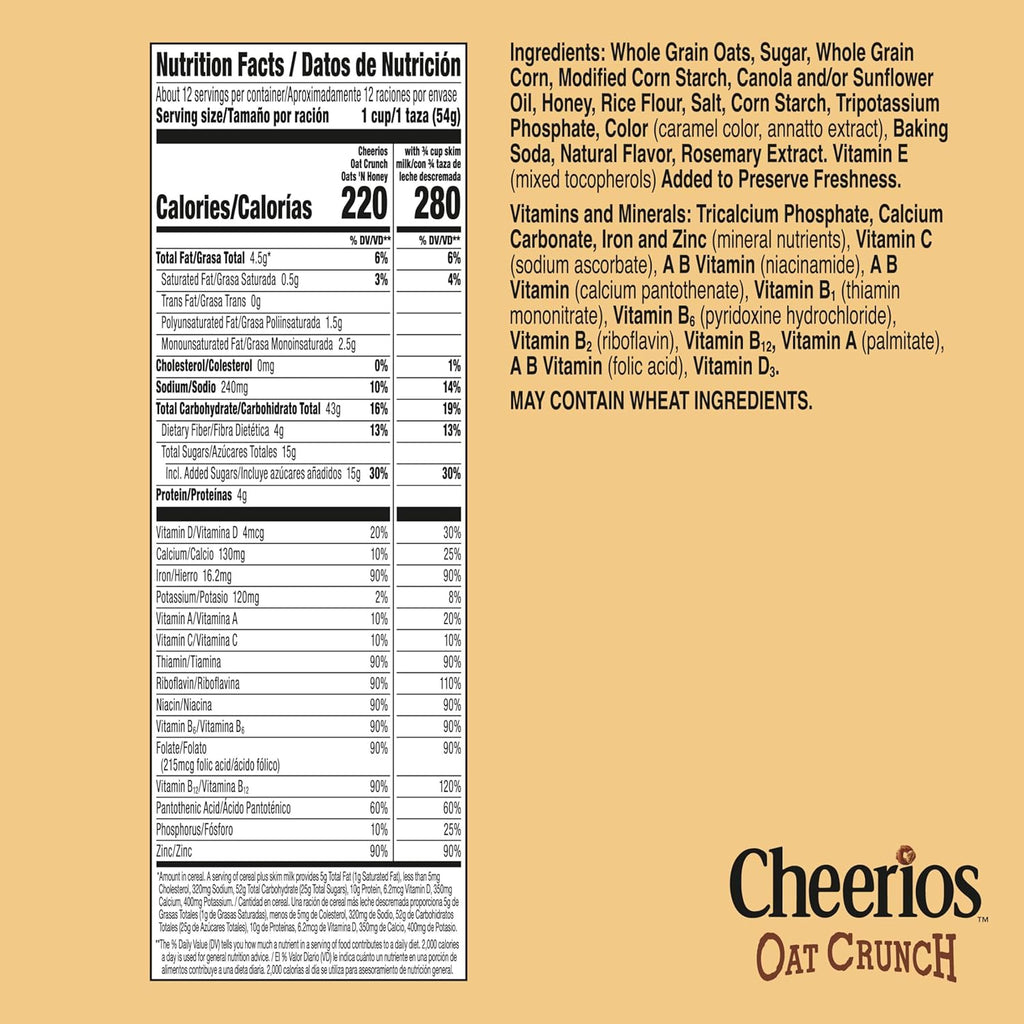 Cheerios Oat Crunch Oats 'N Honey Breakfast Cereal, Made with Whole Grain, Family Size, 24 oz