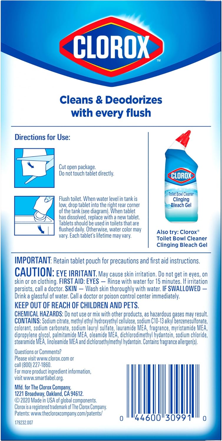 Clorox Ultra Clean Toilet Tablets Bleach & Blue, Rain Clean Scent, 2.47 Ounces Each, 4 Count (Package May Vary)