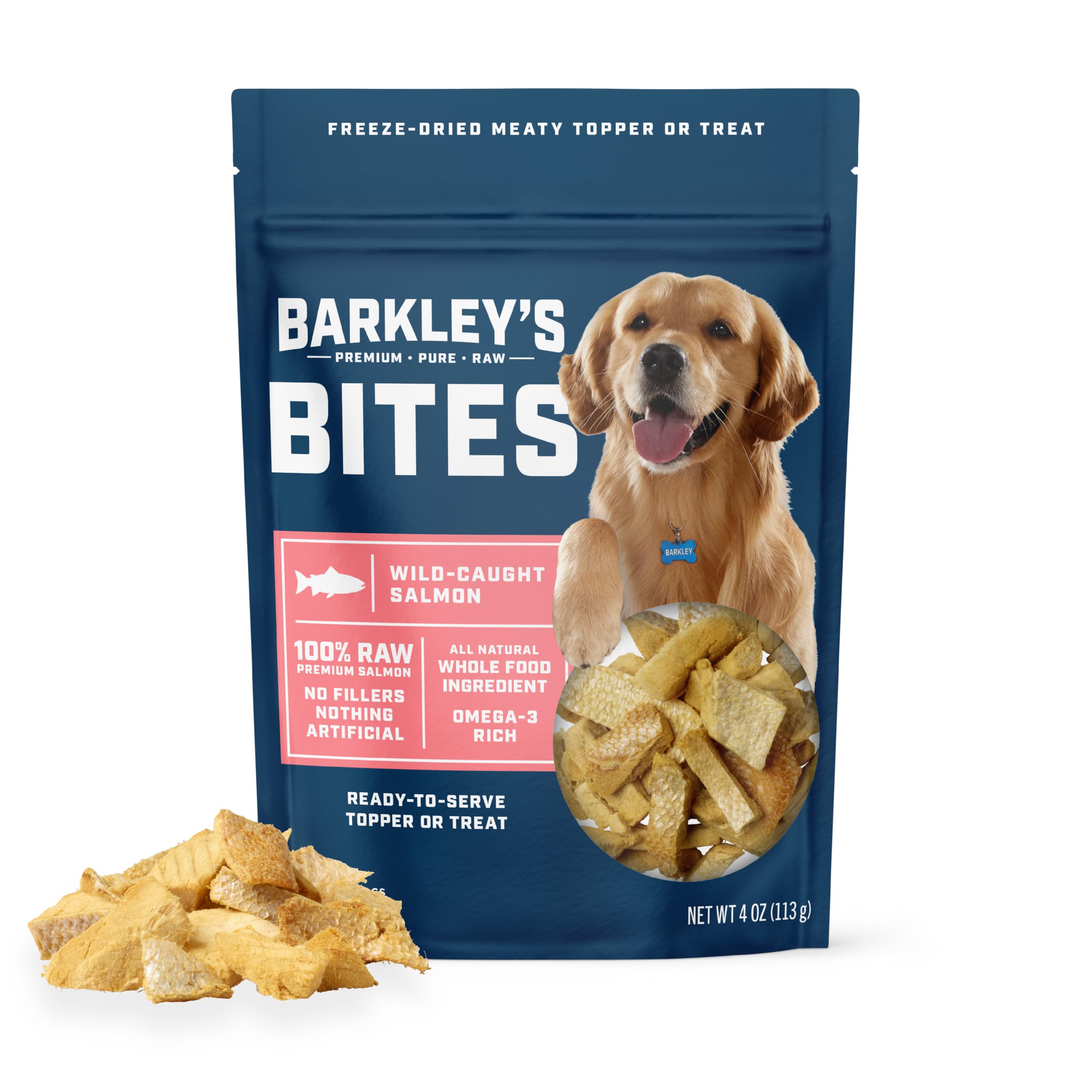Barkley’s Bag Salmon Bites, Freeze Dried Dog Treats and Food Topper, Made with Wild-Caught Salmon, Bite-Sized Whole Pieces for Training Rewards, for All Dog Breeds, Ages & Sizes, 4 Oz Bag (1 Pack)