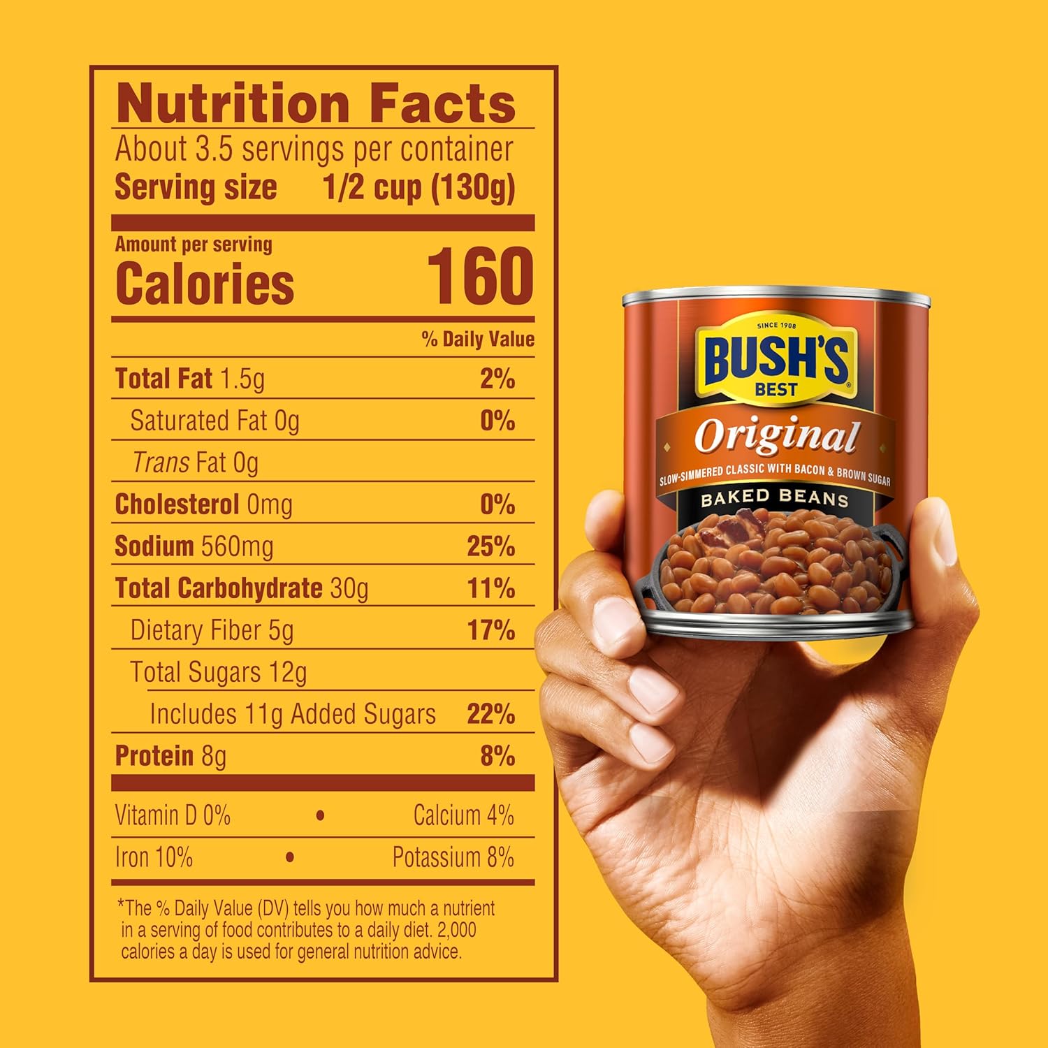 BUSH'S BEST 16 oz Canned Original Baked Beans, Source of Plant Based Protein and Fiber, Low Fat, Gluten Free, (Pack of 12)