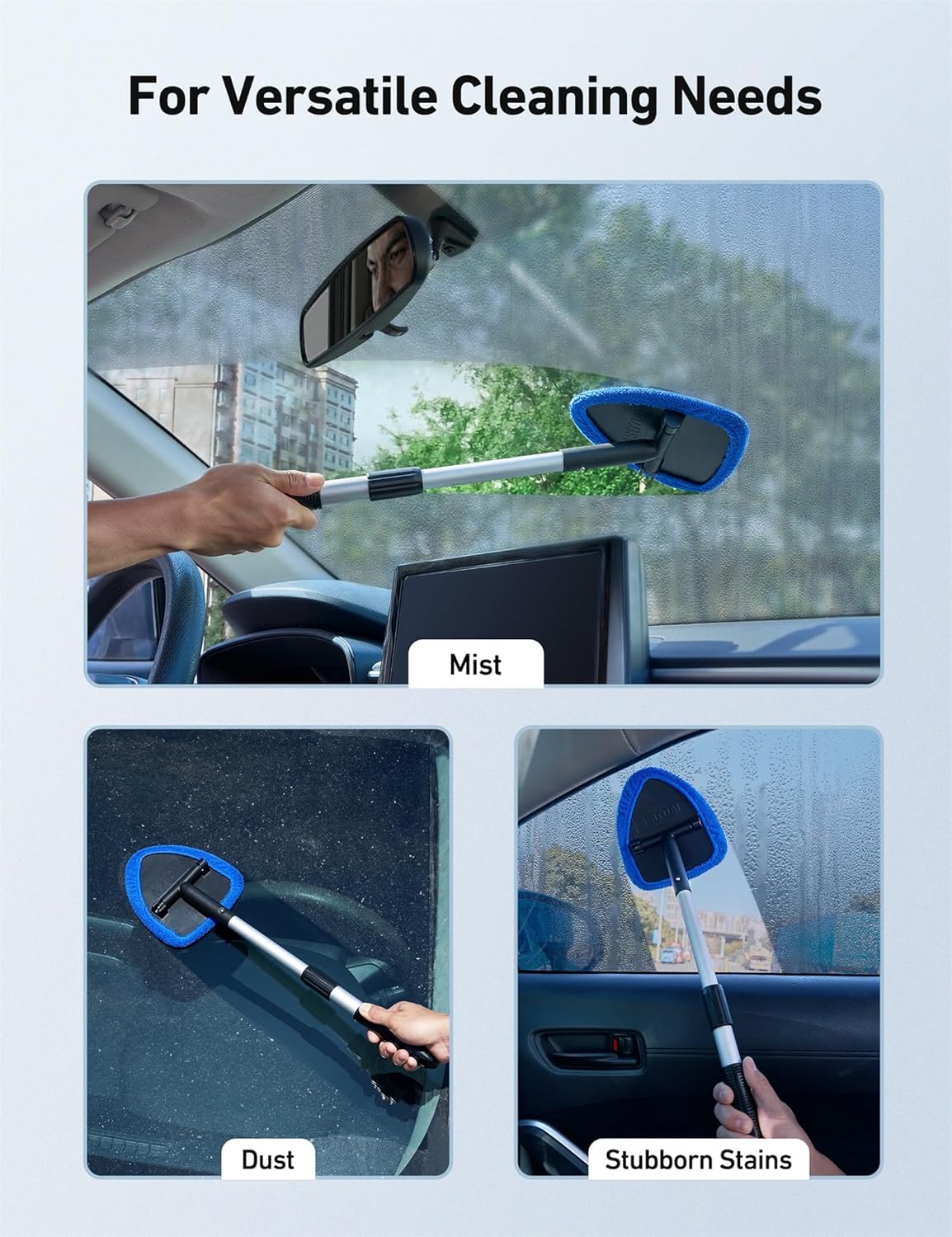 AstroAI Windshield Cleaner Tool, Car Interior Detailing Cleaning Kit with Extendable Handle and 4 Upgraded High-Density Reusable Microfiber Pads, Auto Glass Wiper Brush Kit for Cars, Blue, 15.9in-21in