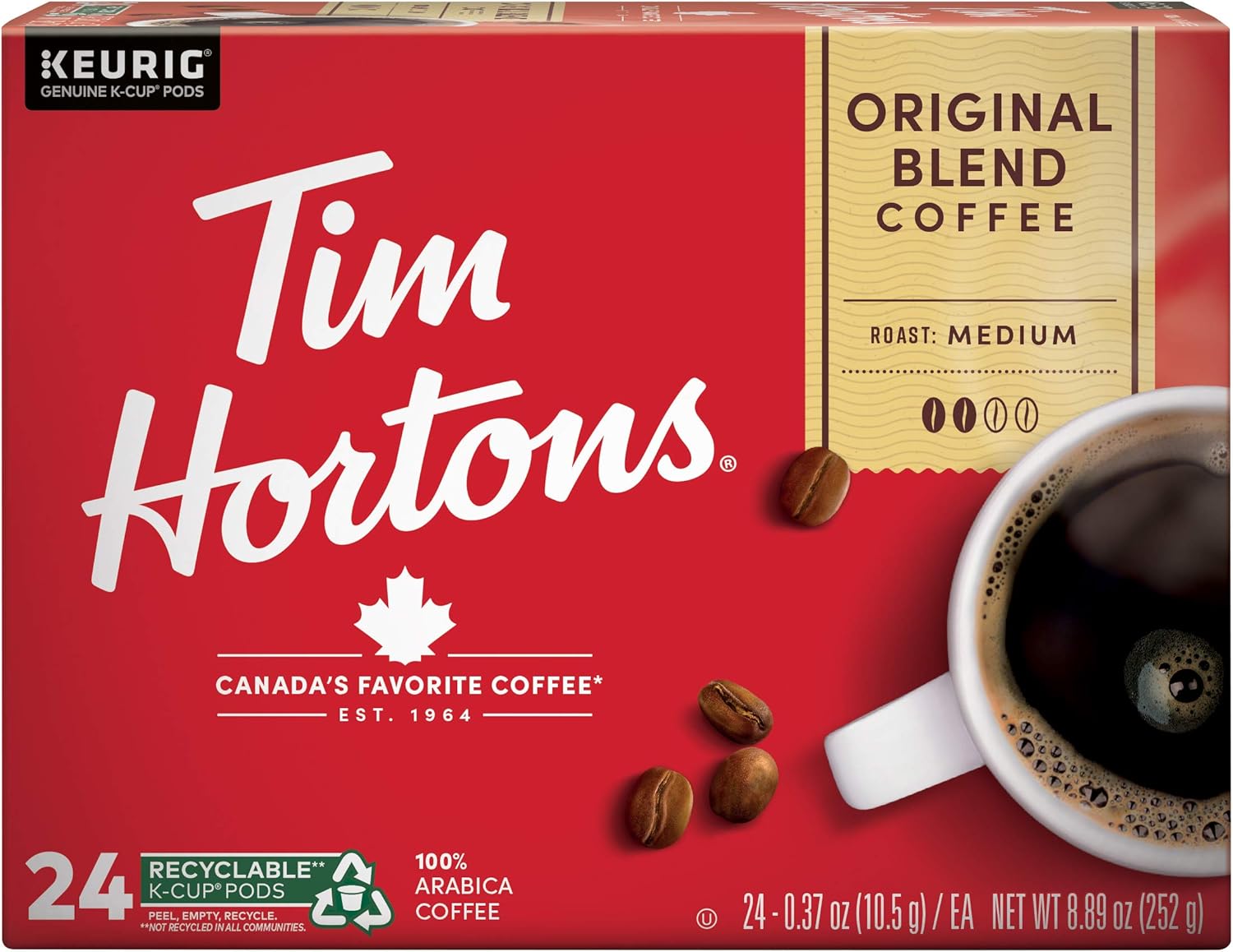 Tim Hortons Original Blend, Medium Roast Coffee, Single-Serve K-Cup Pods Compatible with Keurig Brewers, 24 Count(Pack of 1)(Packaging may vary)