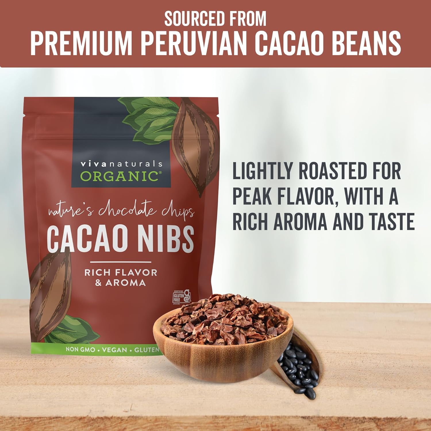 Viva Naturals Organic Cacao Nibs, Unsweetened, 1 LB (454 g), Keto Friendly, Vegan, Non-GMO, Gluten-Free Chocolate Chip Substitute
