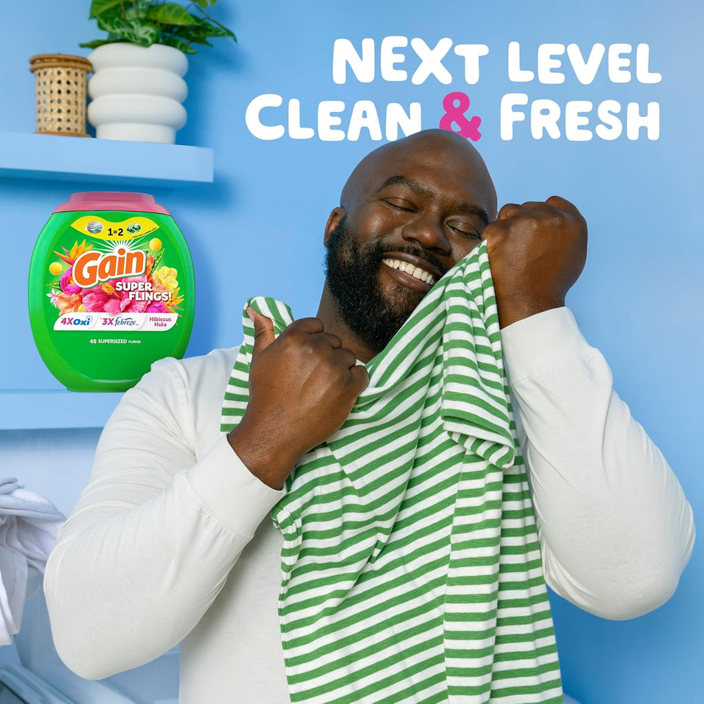 Gain Super Flings Laundry Detergent Pacs, 45 Count, Hibiscus Hula scent, irresistibly clean and fresh washing detergent laundry soap pacs