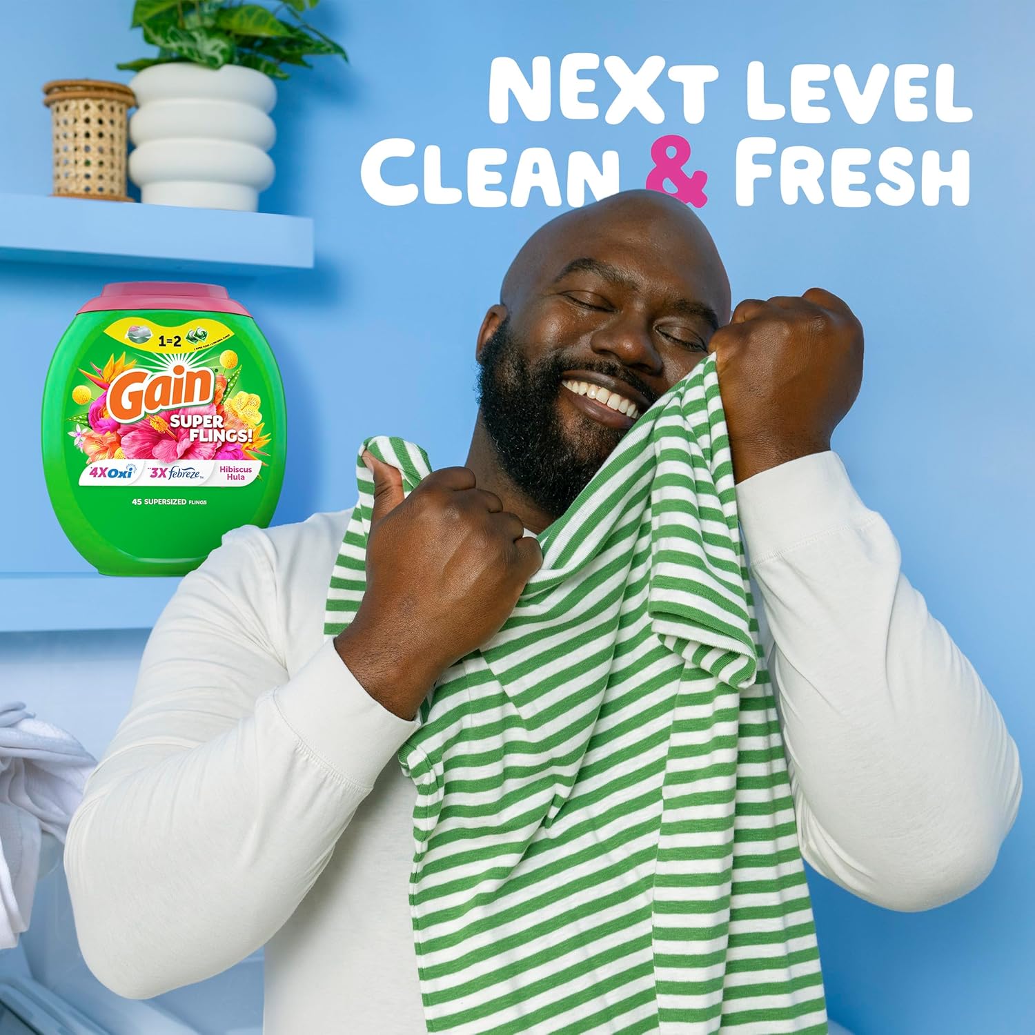 Gain Super Flings Laundry Detergent Pacs, 45 Count, Hibiscus Hula scent, irresistibly clean and fresh washing detergent laundry soap pacs