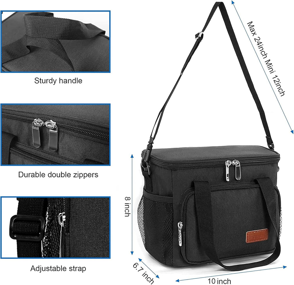 Femuar Reusable Lunch Box for Men/Women - Insulated Lunch Bag Leakproof Lunchbox for Work Office Picnic Beach - Freezable Lunch Cooler Bag with Adjustable Shoulder Strap - Black