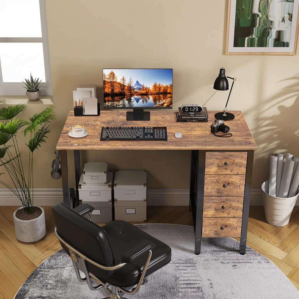 Lufeiya 40 inch Computer Desk with 4 Fabric Drawers, Kids Student Reversible Small Desks for Home Office Small Space, Work PC Desk Table for Bedroom, Rustic Brown