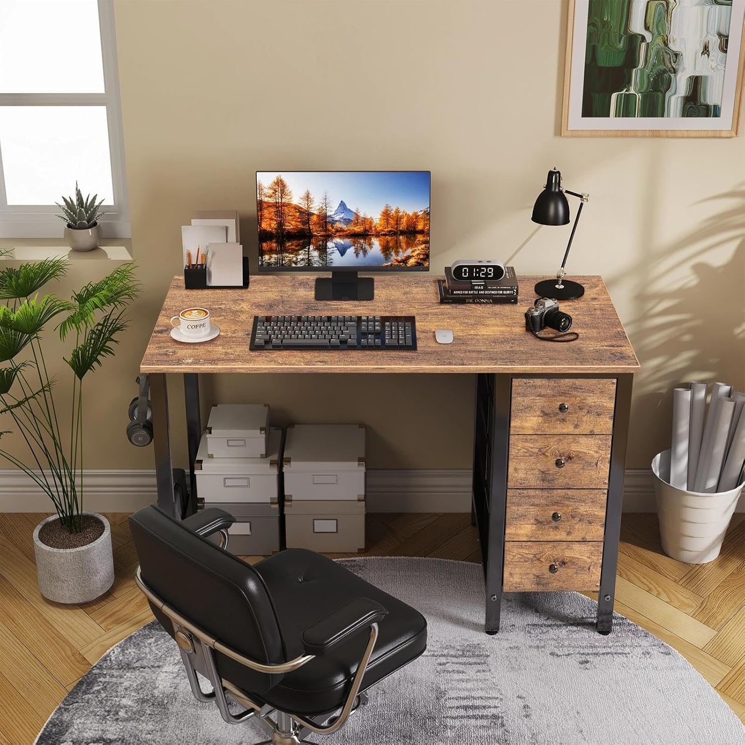 Lufeiya 40 inch Computer Desk with 4 Fabric Drawers, Kids Student Reversible Small Desks for Home Office Small Space, Work PC Desk Table for Bedroom, Rustic Brown