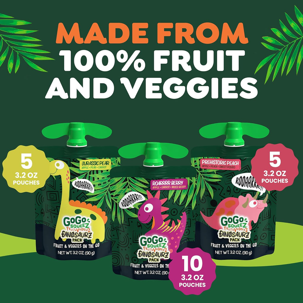GoGo squeeZ Fruit & veggieZ Applesauce and Puree Variety Pack, Jurassic Pear, Roarrrr Berry & Prehistoric Peach, 3.2 oz (Pack of 20), Unsweetened Snacks for Kids, BPA Free Pouches