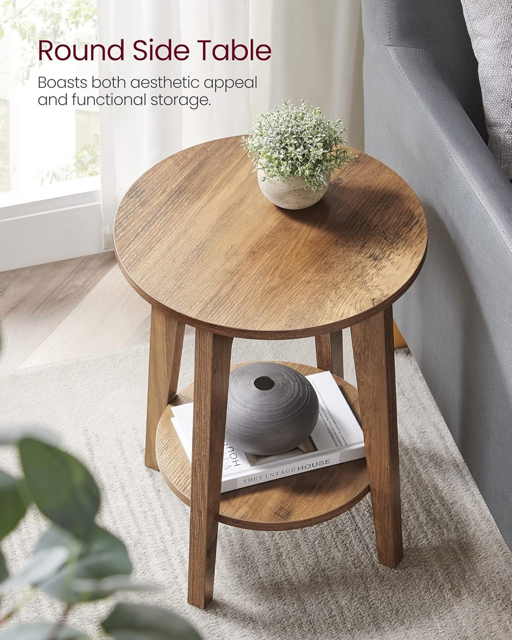 VASAGLE MAEZO Collection - Side Table, 2-Tier Small Round End Table, Nightstand with Tapered Legs, Curved Transitions, for Small Spaces, Living Room, Bedroom, Rustic Walnut ULET283T41