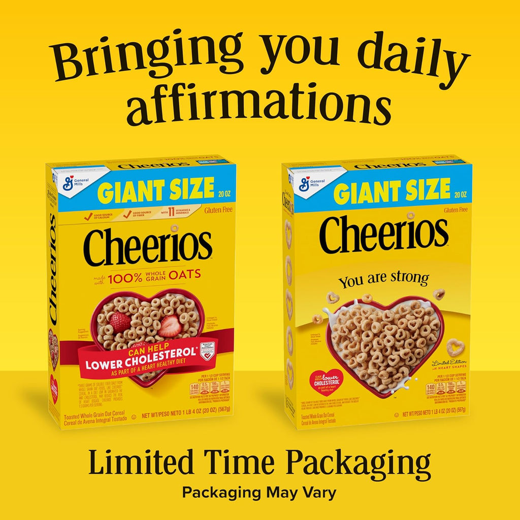 Cheerios Cereal, Limited Edition Heart Shapes, Affirmations Box, Heart Healthy, Gluten Free, Giant Size, 20 oz